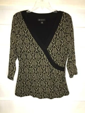 INC International Concepts Black Taupe Print Nylon Blouse Top Shirt Large EC!