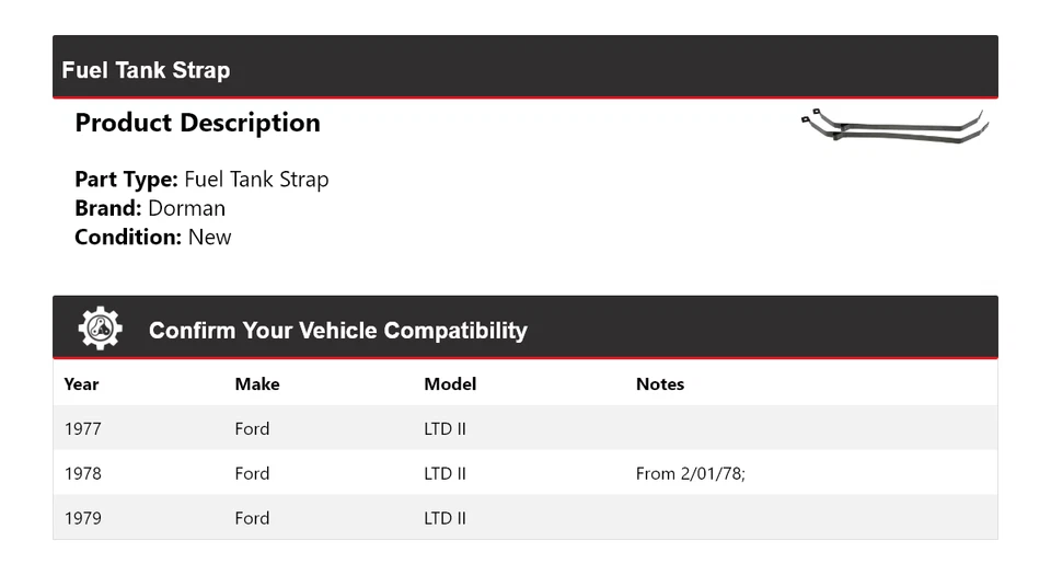 Correa de tanque de combustible Dorman 1978 para Ford LTD II 1977-1979 Foto 2 de 4