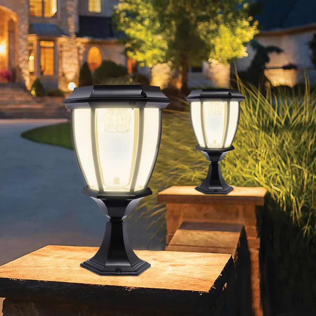 2x LED Pillar Light Solar Powered Lantern Garden Post Lamp Yard Patio Waterproof