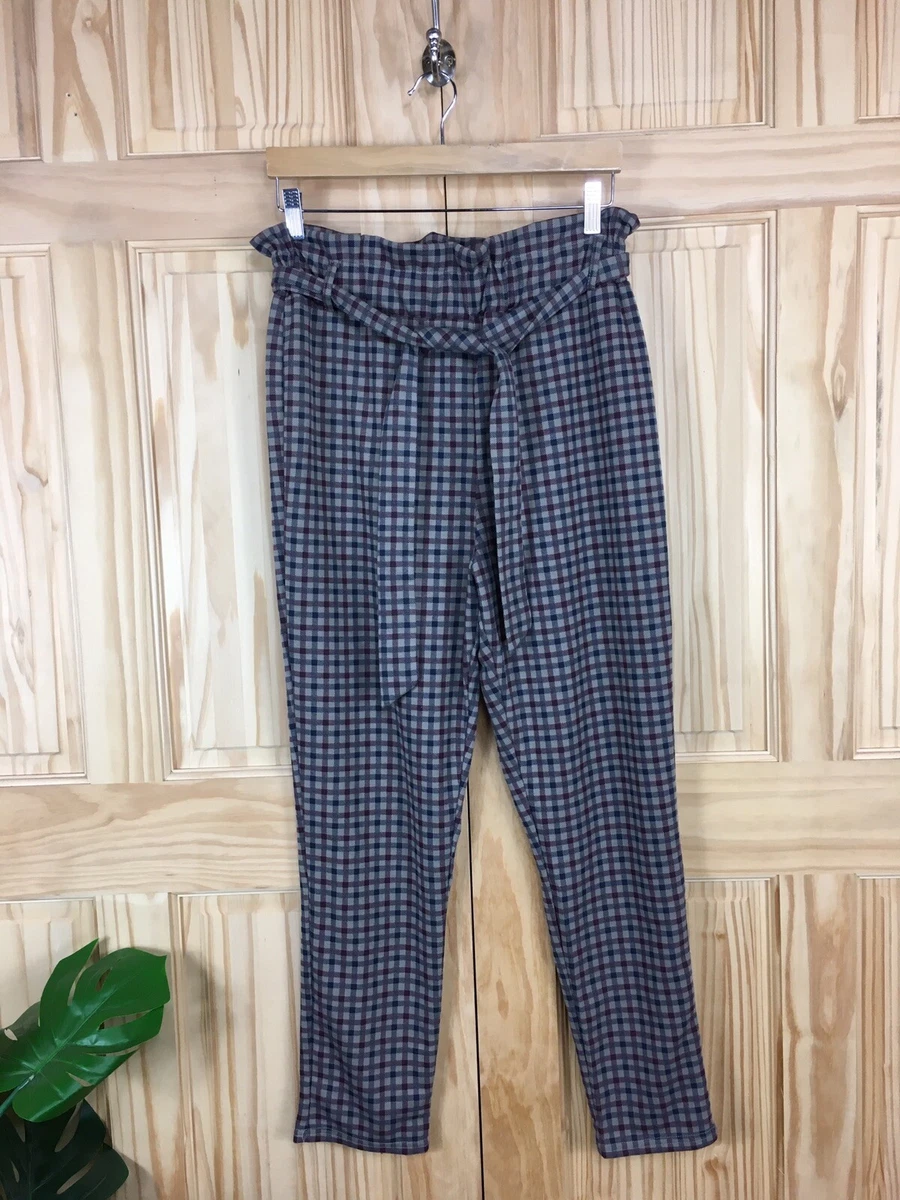 Checked Trousers 12 Womens Gingham Check Paperbag High Waist Beige Brown NEW