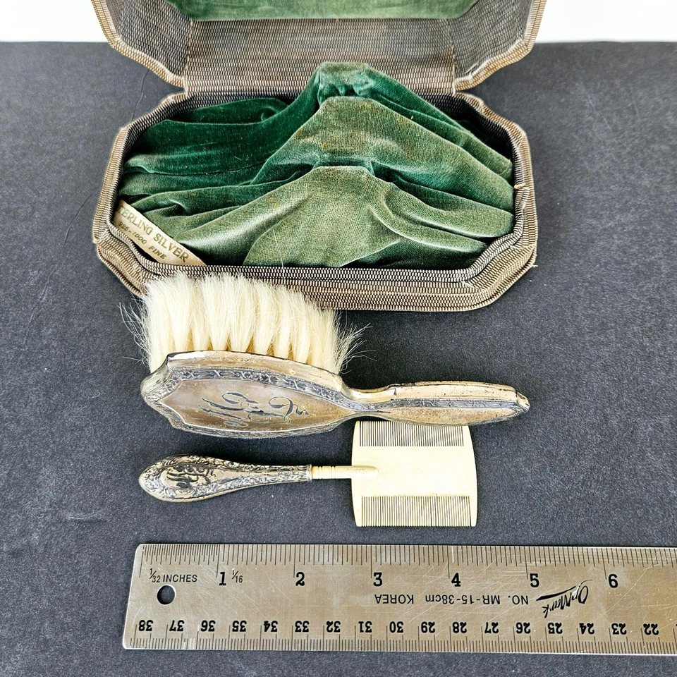 Kit de viagem antigo de prata esterlina 925 pente e pincel de bigode e caixa original - Imagem 3 de 4
