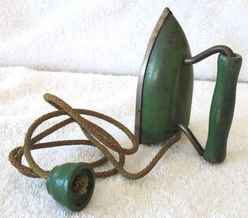Antique Child's METAL TOY IRON Green Wood Handle & Rope String