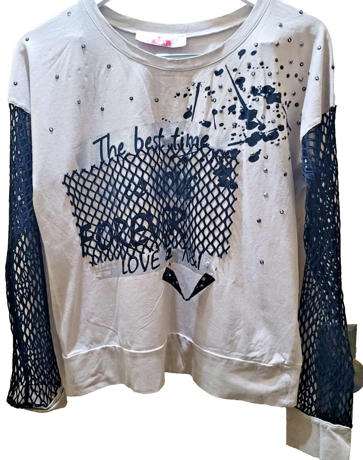 Istanbul Womens Beige Mesh Long Sleeve Embellished Shirt Size XL