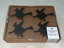StoreHouse Witch Riding Broom Black Glittered FLY BY NIGHT Napkin Rings Set Of 4