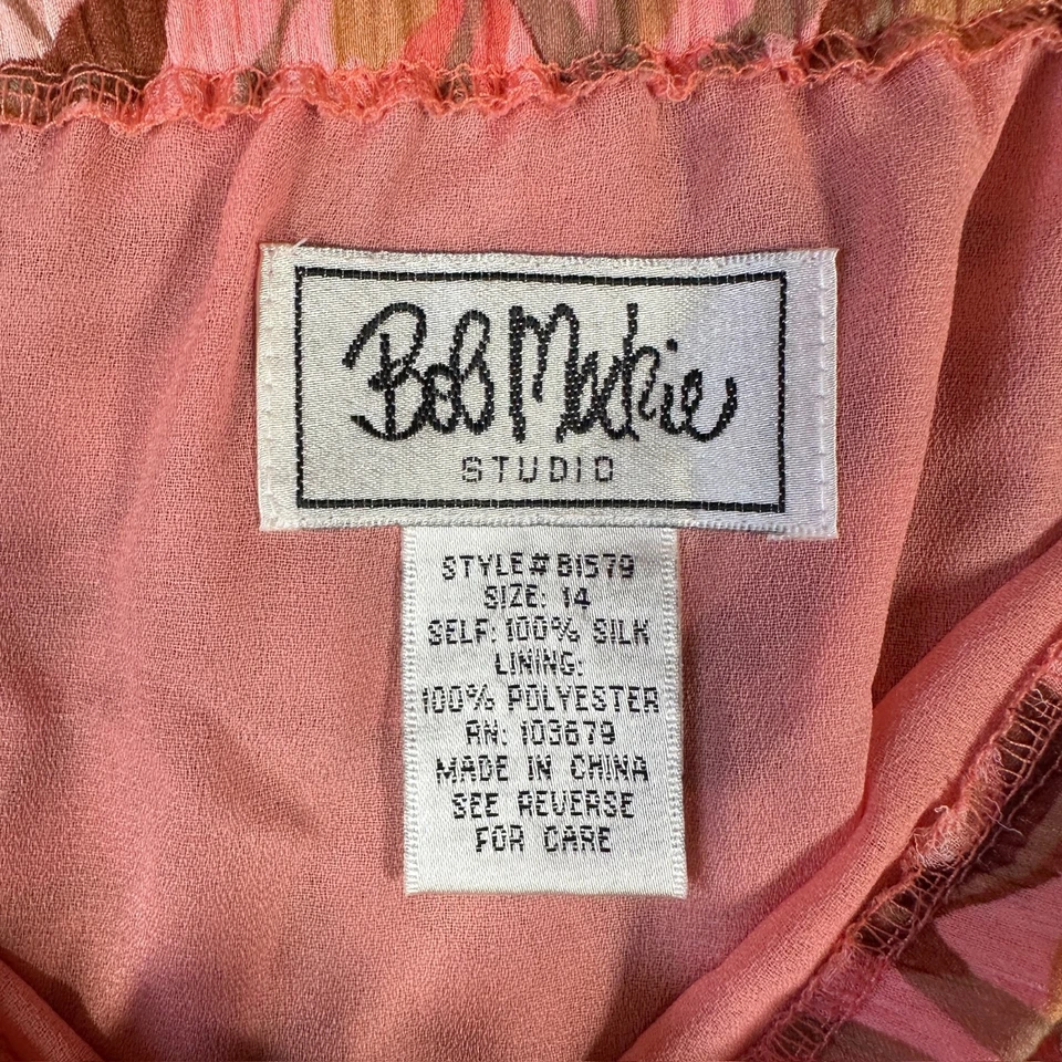 Y2K Bob Mackie Studios 真丝分层长裙女式 14 粉色雪纺叶子印花 — 第 3/4 张图片