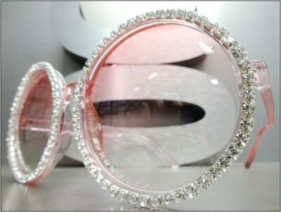 OVERSIZED EXAGGERATED RETRO SUN GLASSES Large Huge Round Pink Frame Rhinestones