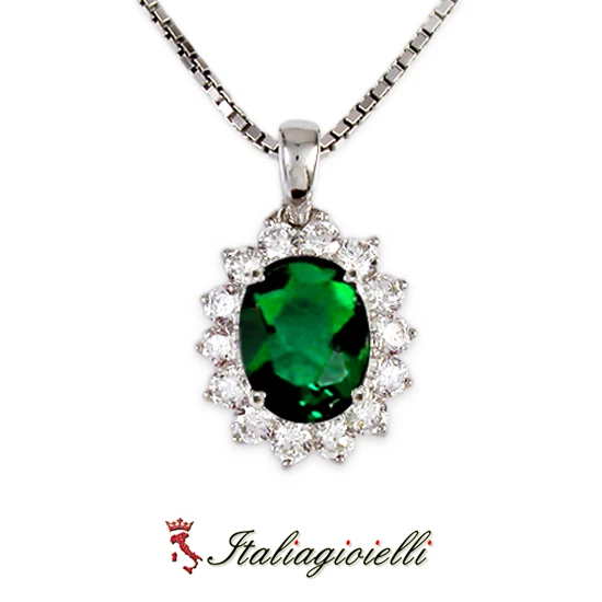 Sfarzosa Collana Brillante con Smeraldo in Argento 925 Rodiato Oro Bianco - Immagine 3 di 4