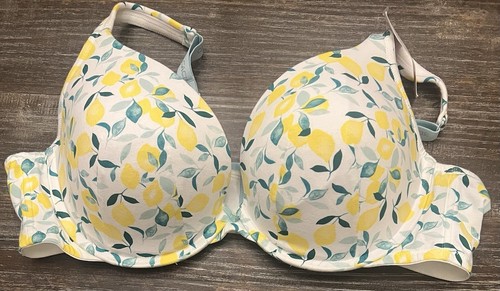 46C Cacique Lemon Print Boost Plunge Padded Lace Bra Full Support Front Close