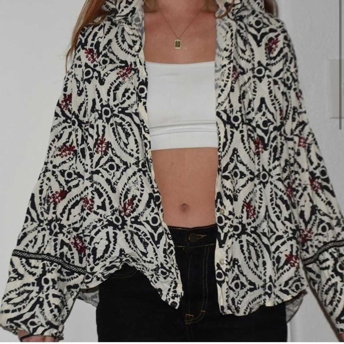 Zara Bottom down shirt bohemian style navy and off white sz S