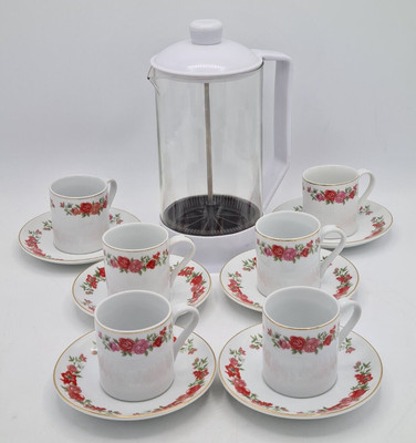 Vintage Porzellan Kaffeeservice für 6 rote & rosa Blumenmuster + 8 Tassen Kaffeemaschine