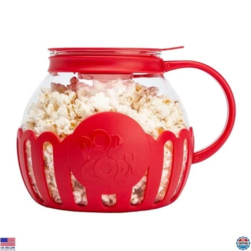 Microwave Popcorn Popper, 3-Quart Glass, 3-in-1 Lid, BPA-Free, Red
