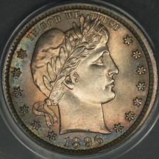 1896 ANACS MS65 BARBER QUARTER LUSTROUS GEM 2-SIDED COLOR TONED