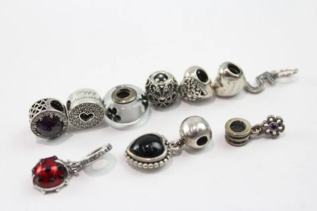 2 Pandora Sterling Silver Charms Ladybird Pet Hearts Stone Set Floral x 10 (22g)