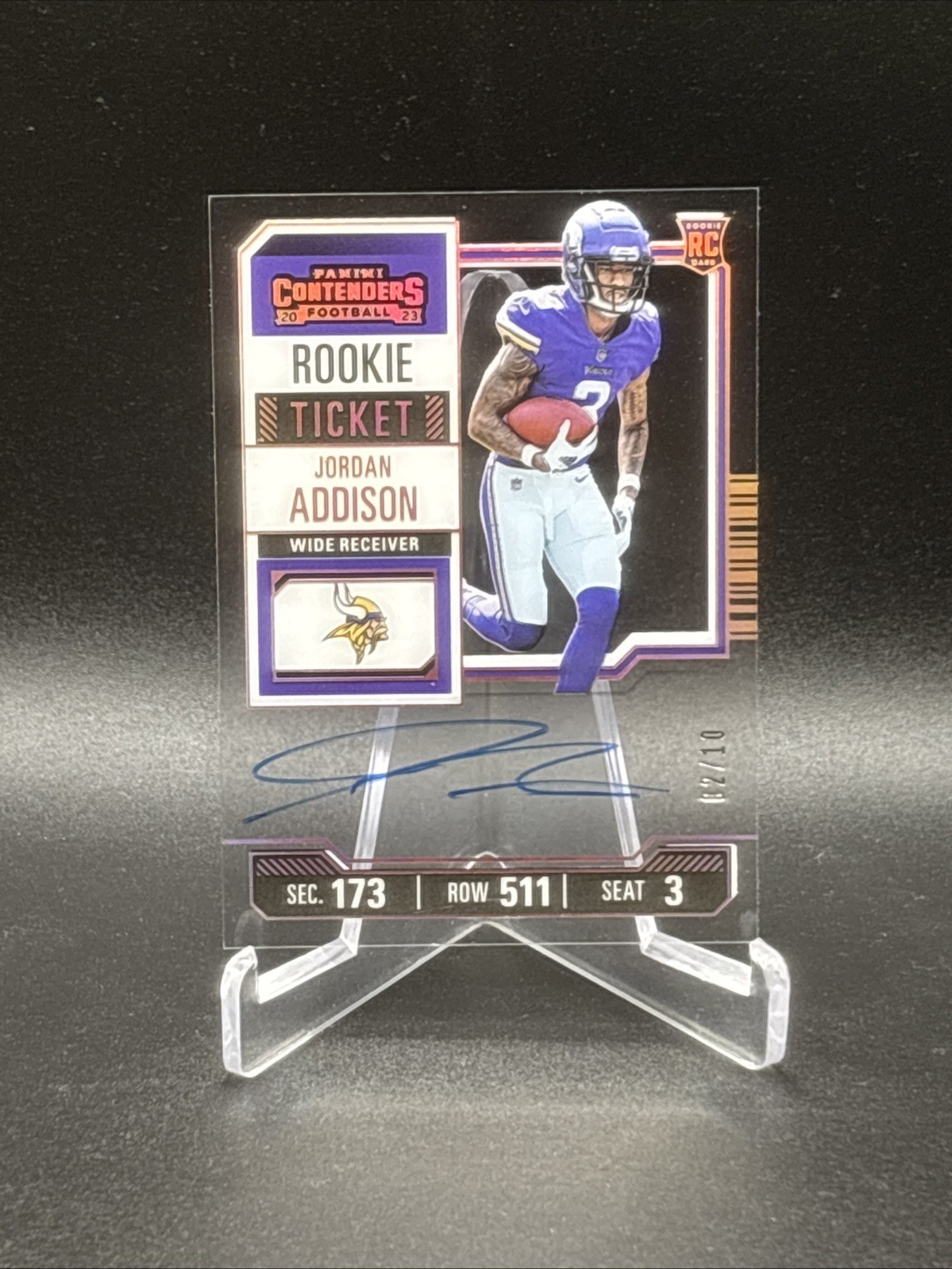 2023 Contenders Jordan Addison Clear Acetate Ticket Auto /10 Vikings RC