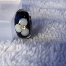 vtg Trollbeads sterling black white flower "diamonds" art glass bracelet bead