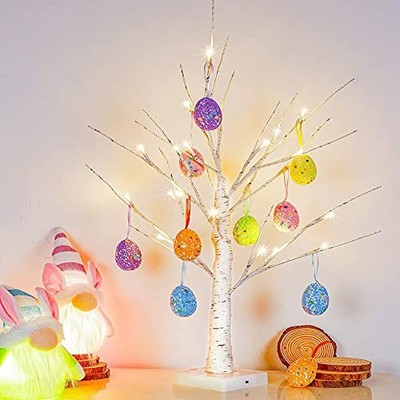 Easter Decorations  24 Inch Pre-lit White Birch Tree with 10 Hanging Easter 