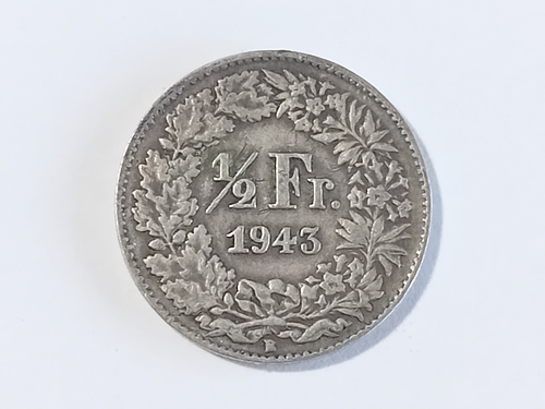 1943 B Switzerland 1/2 Half Franc Silver Coin #172 - Picture 2 of 4