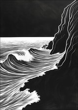 BLACK AND WHITE WAVES ALONG CLIFFSIDE FRAMED WALL ART PICTURE POSTER PRINT