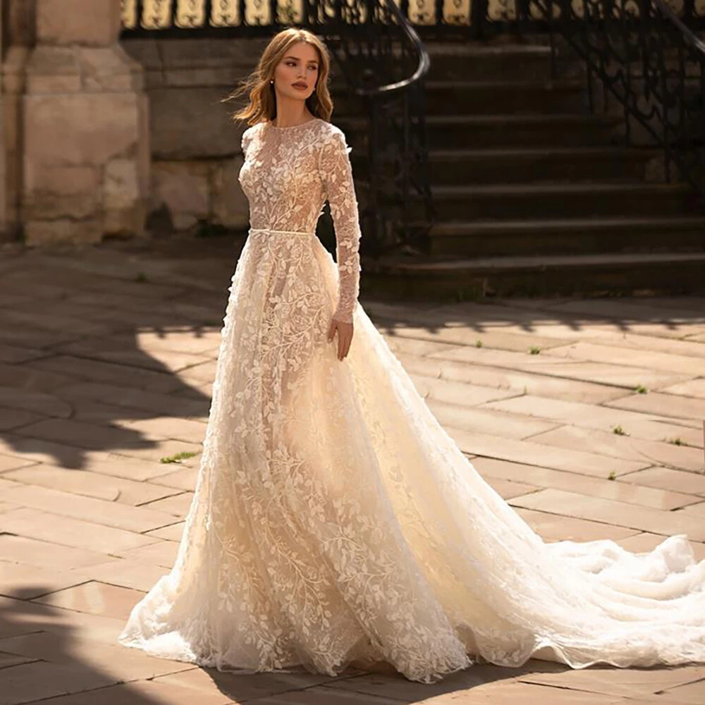 Luxury A-Line Wedding Dresses Round Neck Long Sleeved Lace