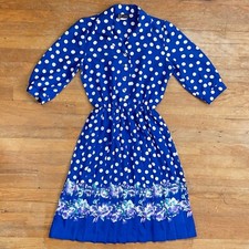 Vintage Polka Dot  Floral Dress Size Small/Medium 1980s Pleated Shirtdress