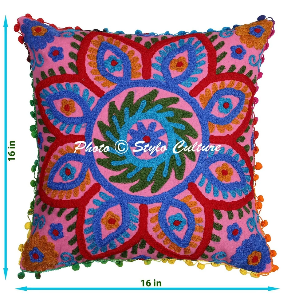 Indian Cotton Throw Pillow Pink 43x43 cm Suzani Floral Cushion Cover Throw - Image 4 of 4