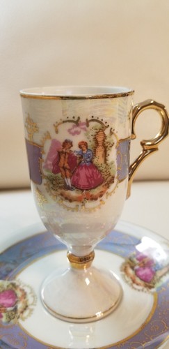 Vintage Porcelain Tall Footed DEMITASSE TEACUP & SAUCER Courting Couple fine - Picture 2 of 12