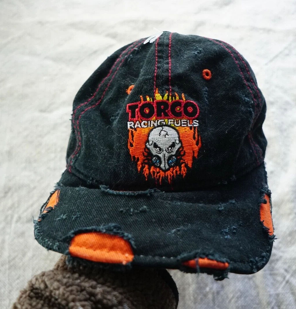 Torco Racing Fuels flames hat baseball cap hat shredded look weighted bill READ
