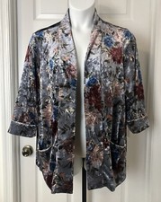 Coldwater Creek Velvet Floral Jacket Womens Large Open Front 3/4 Sleeves Flowers