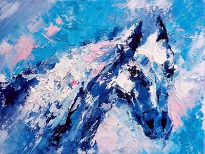 Blaues Pferd Abstrakt Original Ölgemälde Sammlerstück Signiert Handgemalt 6'' x 8''