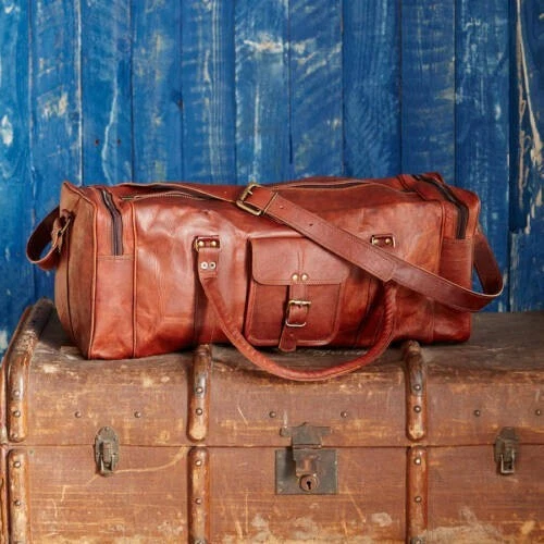 Grand Sac De Sport En Cuir Véritable – Vintage – Homme – Marron – Fait Main (Inde)