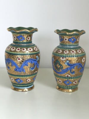 2 Vtg Mario Sambuco Deruta Italy Mosaic Pottery Vases 24k Gold Hand Painted 6''