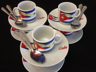 2oz Cuban Espresso Coffee Cup & Saucer 12 Pc Bandera Flag Cubana + 6 Mini SPOONS