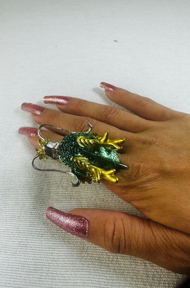 Huge womens Gothic Steel Blue Red Crystal Dragon Expanding Band Ring Retro - Image 3 of 4