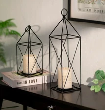 Black Metal Lantern Decorative Set of 2-15" & 11" Bulk Rustic Farmhouse Candle H