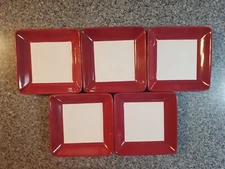 Set of 5 Pampered Chef Simple Additions 7 1/4" Cranberry & White Square Plates