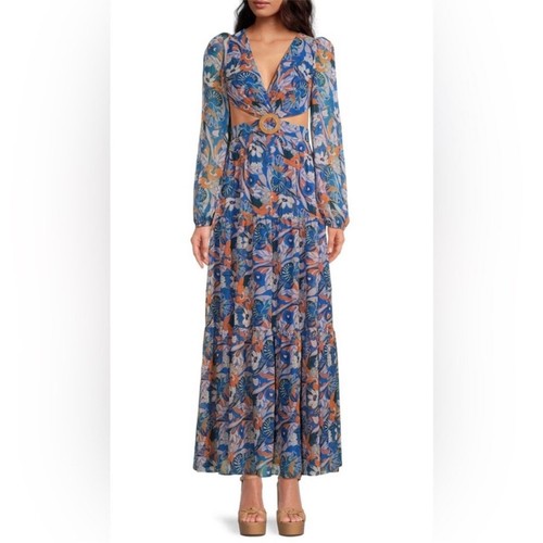 Gianni Bini Lillian Floral Print Deep V-Neck Cut-Out Tiered A-Line Dress Size 0 - Picture 2 of 15