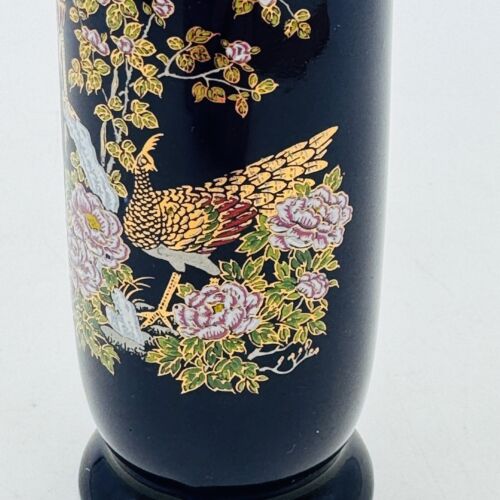 Cobalt Blue Ceramic Vase Peacocks Japan MCI w Pink Flowers Hand Decorated 7” - Picture 10 of 12