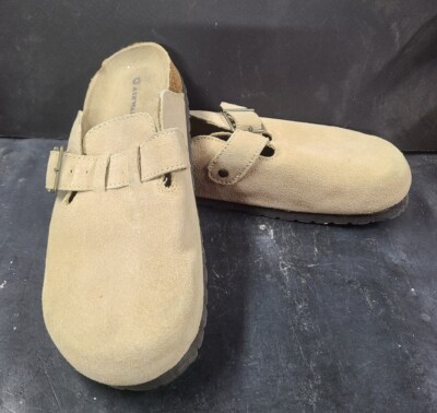Airwalk Sandals Womens Clogs Mules Slip-On Flats Brown Faux Suede Buckle 