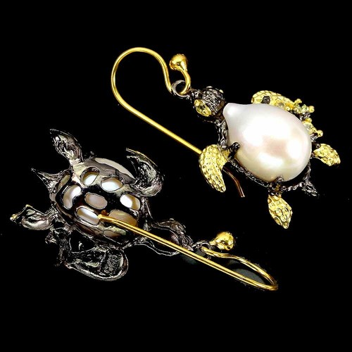 Summer 925 Silver Earrings Baroque Pearl Peridot Turtle Gemstone Jewelry - Picture 3 of 9