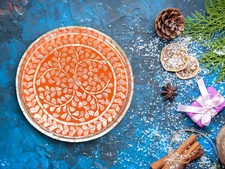 Coral Colored Round Mother-of-Pearl Serving Tray 14"Dx2"H 