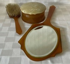 Vintage Art Deco Celluloid 3Pc Vanity Set Amber Faux Pearl Mirror Brush Box