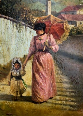 Signed Luigi Nono Painting the walk in sun with lady & child with a parasol 1878