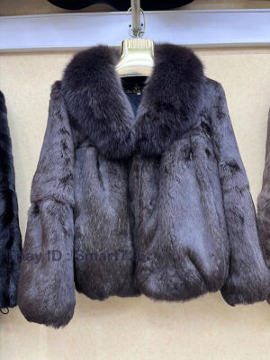 Drawstring Rabbit Fur Coat Real Rabbit Fur Coat with Fox Fur Collar Jacket Full Pelt Rabbit Fur ...