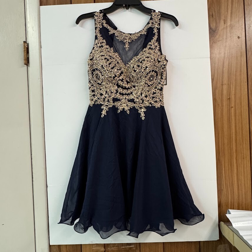 Xscape Womens 2 Navy Blue Gold Embellished Sleeveless Knee Length Dress NWT AA60 | eBay Xscape Womens 2 Navy Blue Gold Embellished Sleeveless Knee Length Dress NWT AA60 | eBay