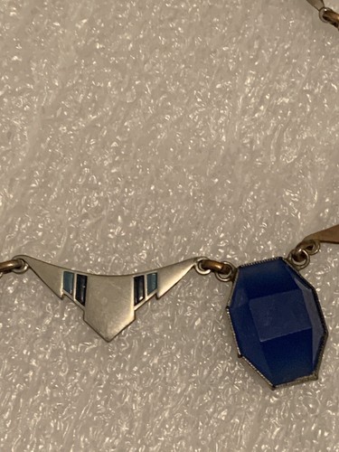 Sterling Silver and Blue Enamel Art Deco Style with Blue Glass Necklace. 925 - Picture 4 of 8