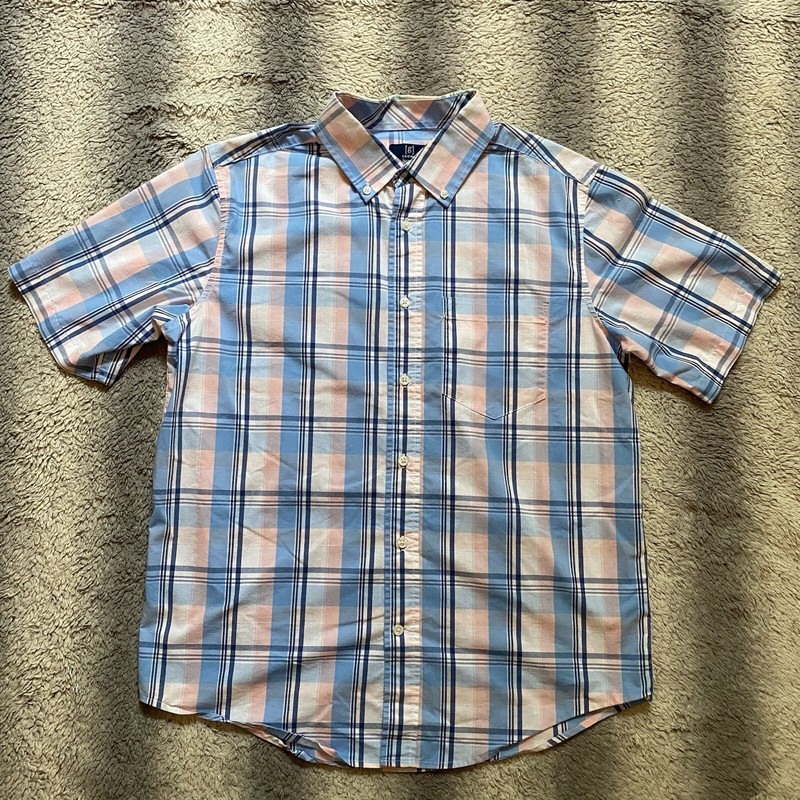 George Plaid Short Sleeve Casual Button Down Mens Medium Shirt White Pink Blue