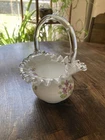 Fenton Silver Crest Violets In The Snow Ruffled Glass Basket 6" Tall