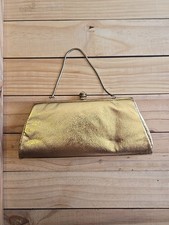 Vintage 60s Gold Clutch With Chain And Rhinestone Push Back Clasp 10" W/mirror