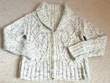 Womens Sweater-TIVOLI-ivory marled cable-knit wool bld Aran cardigan Fisherman-L