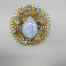Vintage Austria Brooch Blue Rhinestone Enamel Filigree Opalite Glass Cabochon
